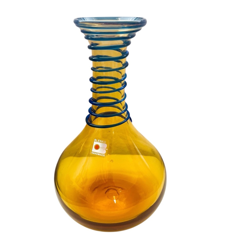 Vintage Blenko Glass Amber and Cobalt Beaker Vase